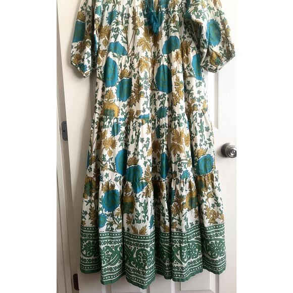 NATURAL LIFE Auguste Cream Green Border 100% Cotton Boho Maxi Dress Sz M - Picture 10 of 16